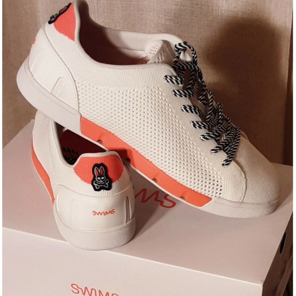 SWIMS x Psycho‎ Bunny sneaker collab white and orange shoes with navy laces